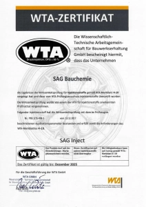 WTA-Zertifikat Wirksamkeit SAG Inject Mauerwerksabdichtung gegen Feuchtigkeit